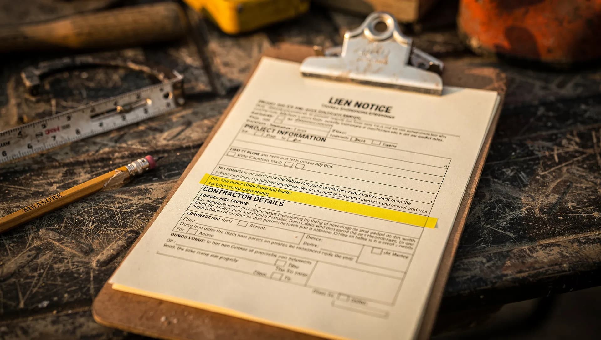 Clipboard with a printed LIEN NOTICE form on a weathered jobsite surface, a single caution-yellow highlight stripe across one critical line.